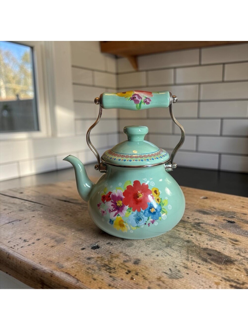 Teapot Pioneer Woman Breezy Blossom Enamel Steel 1.9 Qt Stovetop Tea Kettle